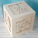 Square Plywood New Baby Gift Box with drop on lid. Animals on sides and lid.
