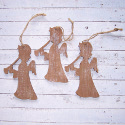 Set of 3 wooden Angel Christmas decorations with white painted snow effect , and  string to hang