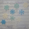 Pack of 9 wooden Christmas Snowflake shapes 3 each Blue turquoise & white, 3 different patterns, as shown