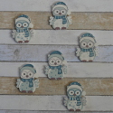 Pack of 6 Wooden Snowy Owl card topper decorations, blue / turquoise 3 each of 2 designs